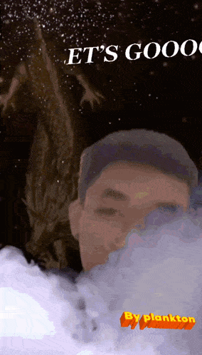 a man smoking a cigarette with a dragon in the background and the words " let 's gooooo "