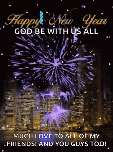 a happy new year greeting card with purple fireworks in the background