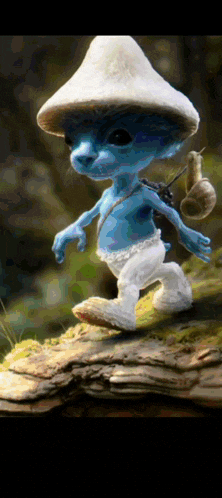 a smurf with a snail on his back is walking across a rock
