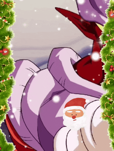 a cartoon character with a santa hat on is surrounded by a christmas tree