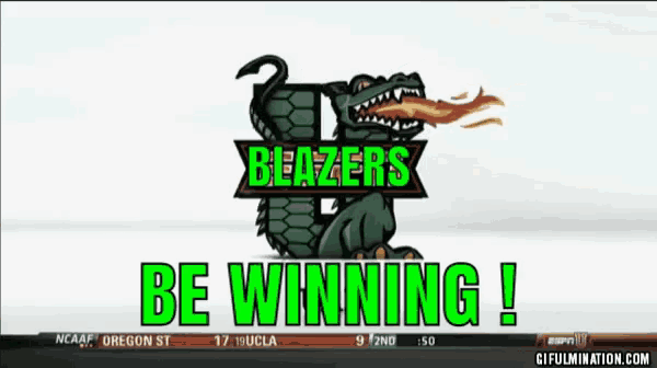 a screen shows a logo for the blazers and says " be winning "