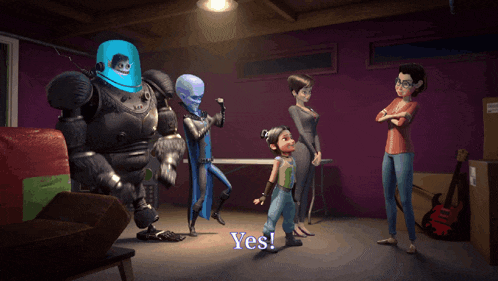 a group of cartoon characters are standing in a room and a girl says yes