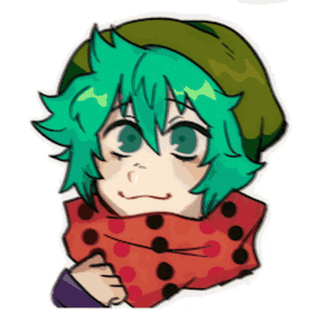 a drawing of a girl with green hair wearing a green hat and scarf