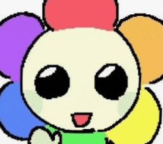 a pixel art drawing of a panda with a rainbow flower on his head .