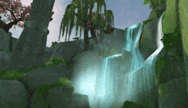 a computer generated image of a waterfall with a bench in the background