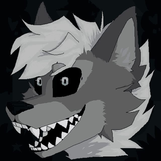 a drawing of a wolf with blue eyes and fangs