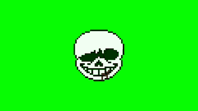 a pixel art of a skull with sunglasses and blood coming out of it 's mouth on a green screen .