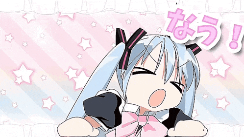 a drawing of a girl with blue hair and a pink bow on her head