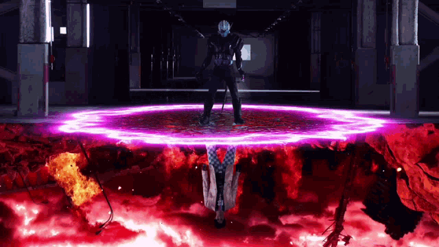 a man is standing in the middle of a purple circle