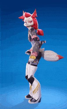 a cartoon character with red hair and a white tail is dancing on a blue background