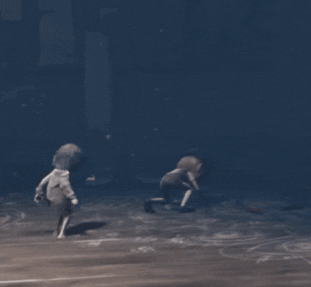 two cartoon characters are running in the dark