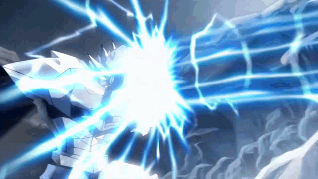 a blue lightning bolt is being thrown at a monster