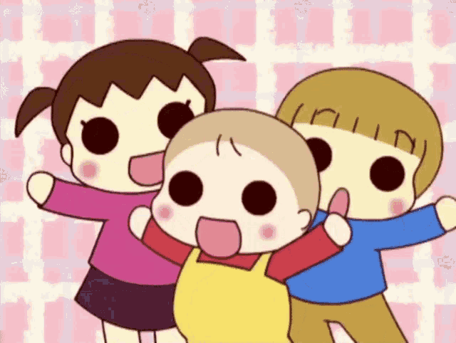 a cartoon drawing of a girl a boy and a baby with the letter l on their head