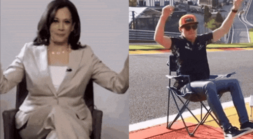 a woman sitting in a chair next to a man sitting in a chair on a race track