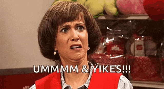 a woman in a red vest is making a funny face and says ummm & yikes !