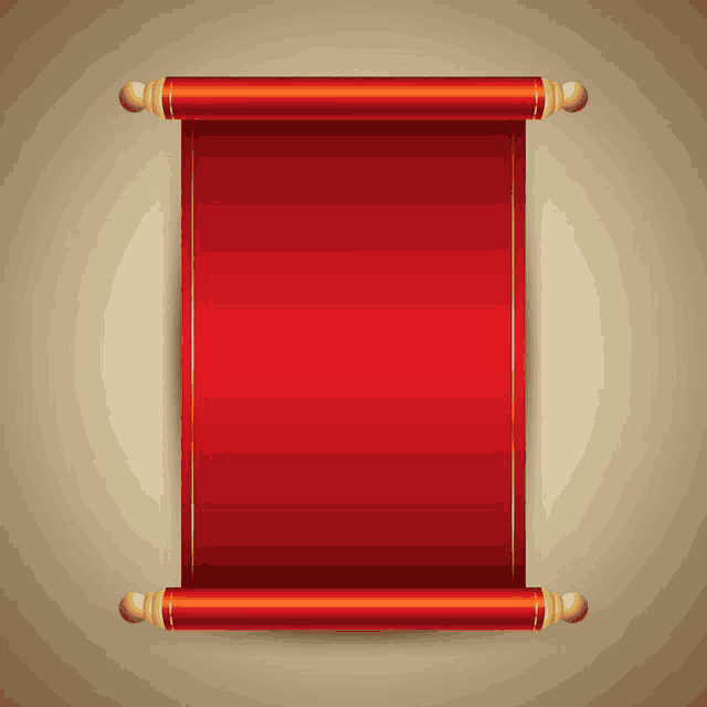 a red scroll with gold handles on a beige background .