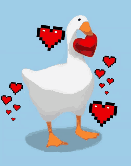 a white duck is holding a red heart in its mouth