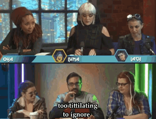a group of people are sitting in front of microphones and one of them is saying too titilating to ignore