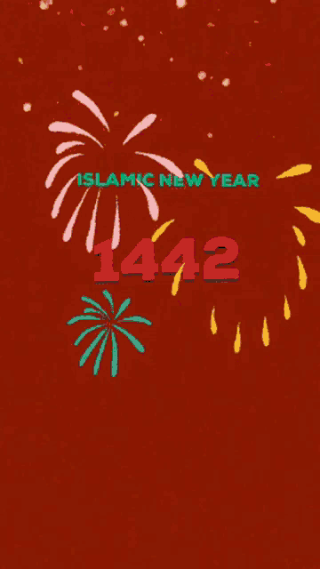 an islamic new year 1442 greeting card with fireworks