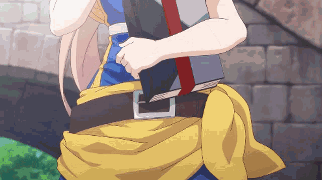 a girl in a blue and yellow dress is holding a book