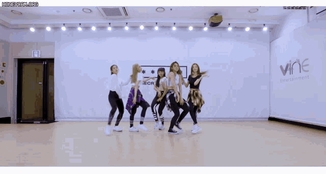 a group of young women are dancing in front of a wall that says secret number