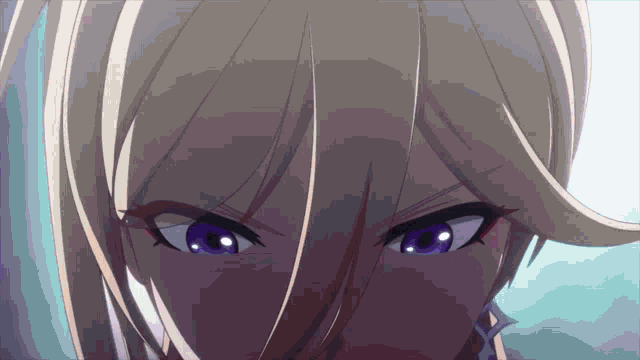 a close up of a girl 's face with blonde hair and purple eyes