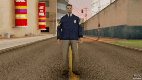 a man in a blue jacket and tie is standing on a street in front of a sign that says " art to soul "