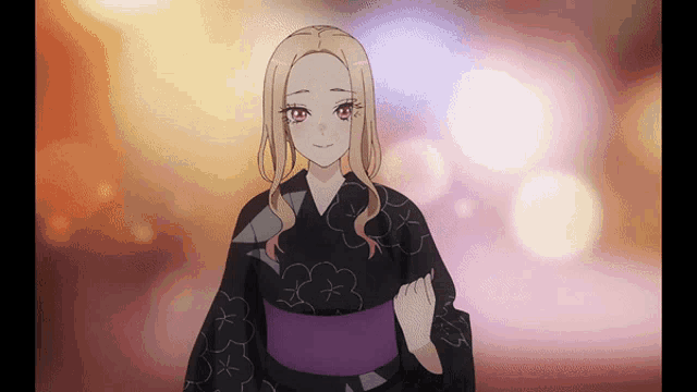 a girl with blonde hair and red eyes wearing a kimono