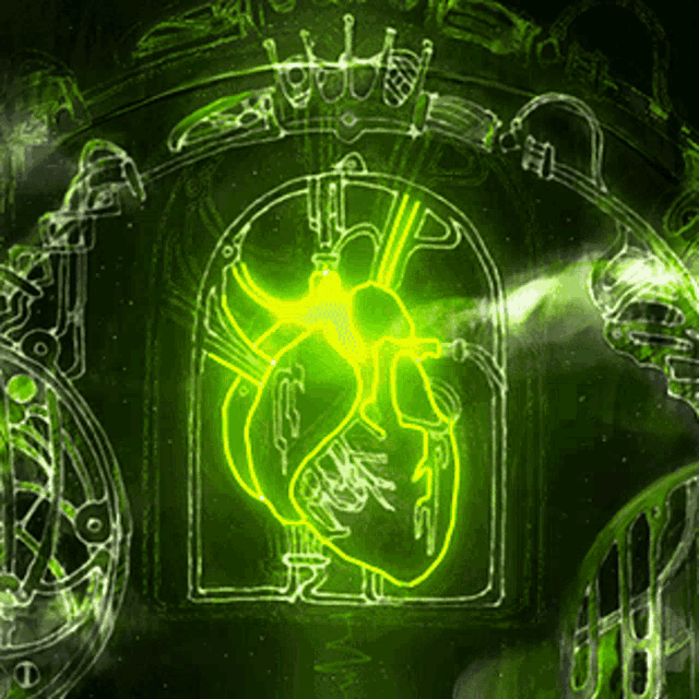 a green background with a drawing of a heart with a light coming out of it