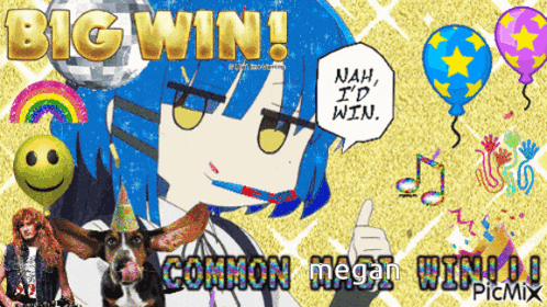 a picture of a girl and a dog with the words big win on top