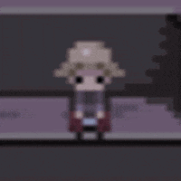 a pixel art of a person wearing a hat and a purple shirt .