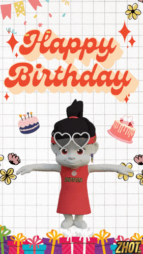 a happy birthday card with a doll wearing sunglasses and a shirt that says zhot