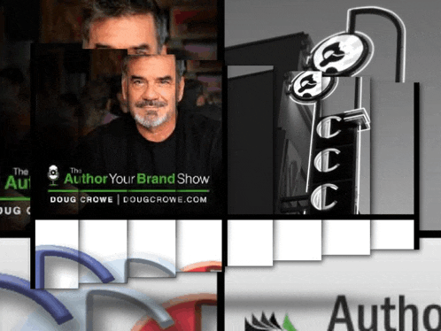 a collage of images including a man and a sign that says author