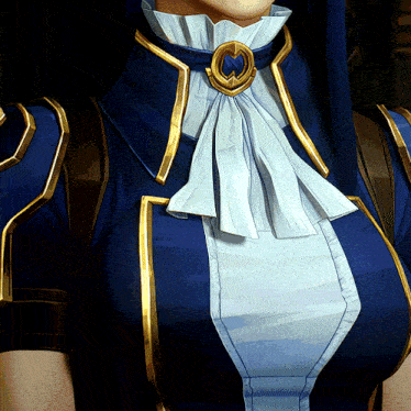 a close up of a woman 's neck with a gold emblem