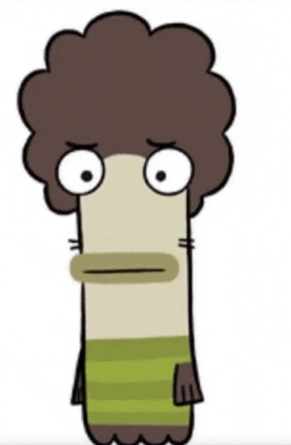a cartoon character with a brown hair and green striped pants is making a funny face .