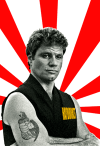 a man with a tattoo on his arm is wearing a black shirt that says karate