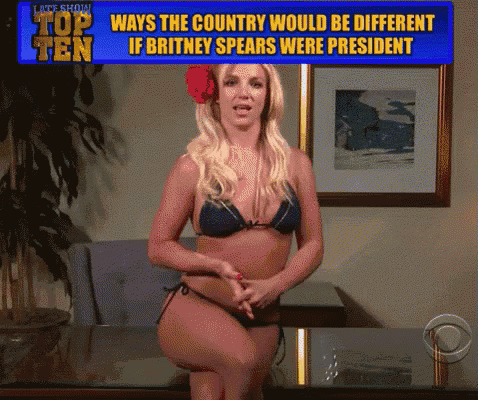 a woman in a bikini stands in front of a sign that says ways the country would be different if britney spear were president