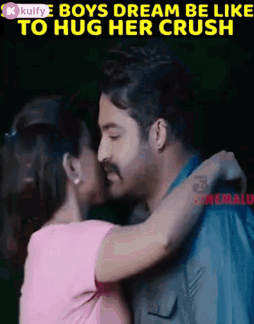 a man and a woman kissing with the caption boys dream be like to hug her crush