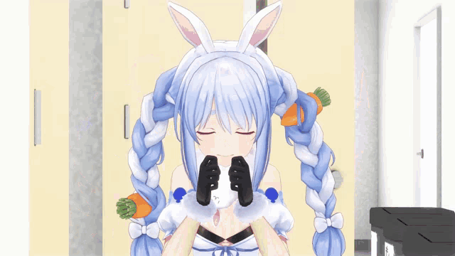 a 3d anime girl with blue hair and braids