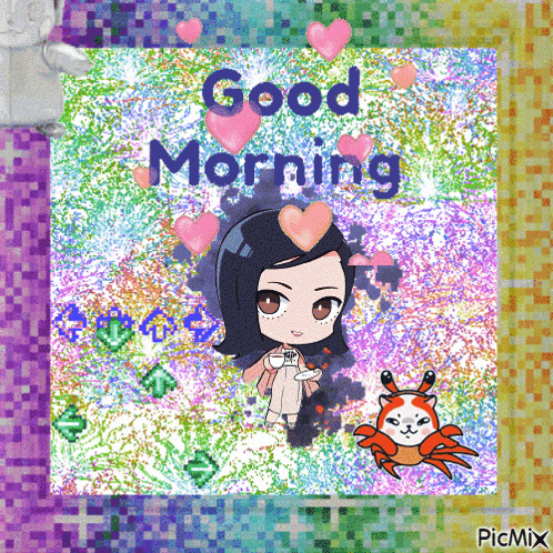a picture of a girl and a crab with the words good morning on it