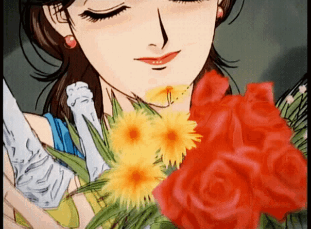 a woman is holding a bouquet of flowers and a champagne bottle