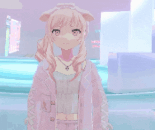 a pixel art of a girl wearing a pink jacket and a necklace