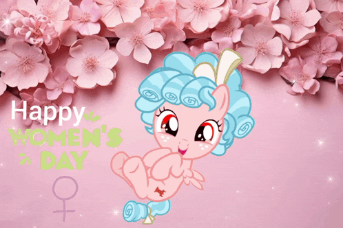 a greeting card for women 's day with a pink pony in front of pink flowers