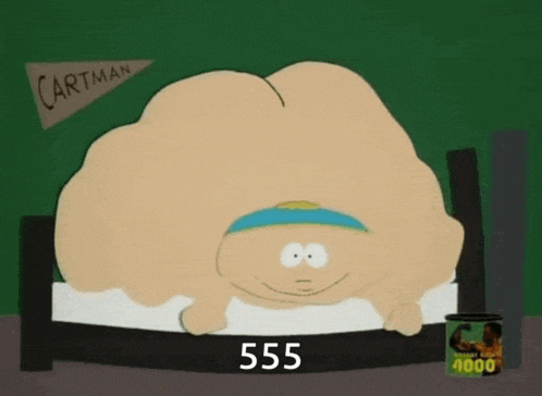 a cartoon character from south park is laying in a bed with the number 555 on the bottom