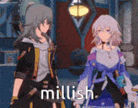 a couple of anime characters are standing next to each other and the word millish is on the bottom