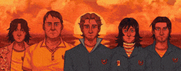 a group of men are standing in front of a sunset and one of them has the letter u on his jacket