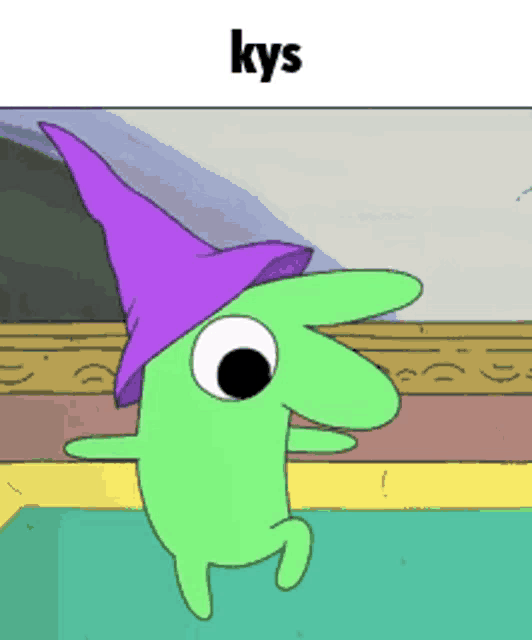 a green cartoon character wearing a purple hat with the word kys written above it