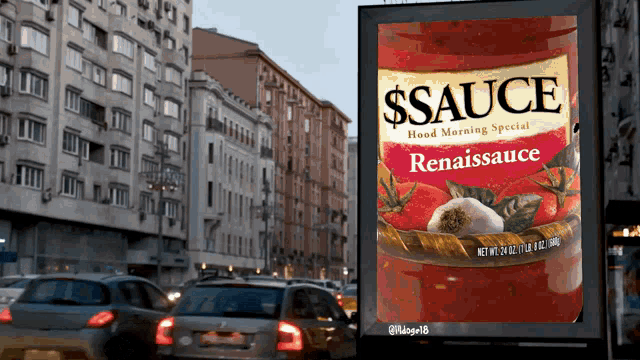 a can of renaissance sauce is on a billboard