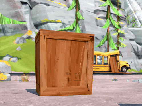a wooden box with a yellow school bus in the background has the letters tm on it