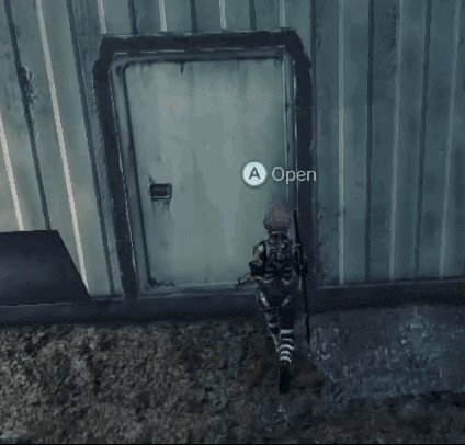 a video game character is standing in front of a door that says a open